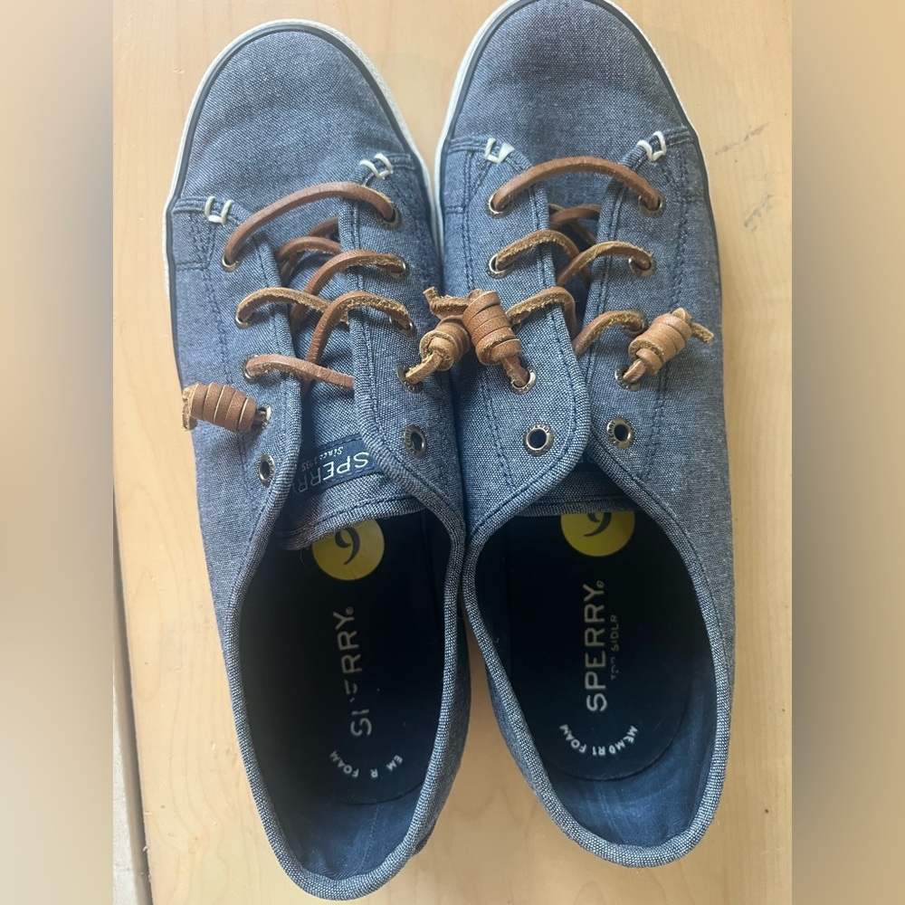 Sperry Blue Canvas Boat Shoes with Brown Laces